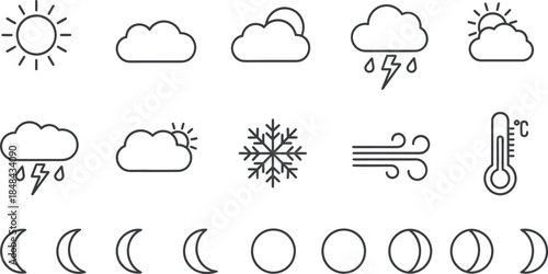 Weather Icons Including Sun Clouds Rain Snow Wind and Moon Phases vector illustration