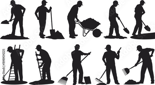 Silhouettes of Construction Workers Performing Various Manual Labor Tasks vector illustration