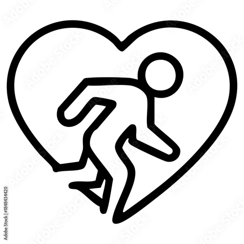 Outline style of a stylized human figure running within the center of a large heart, in a dynamic and energetic running motion. Related to heart health, cardiovascular exercise, romantic pursuits