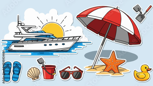 Summer Beach Vacation Objects and Yacht Illustration.