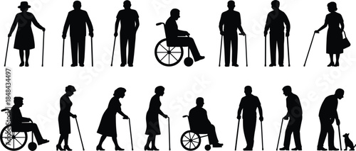Silhouettes of Elderly People and Individuals with Mobility Aids seniors old people
