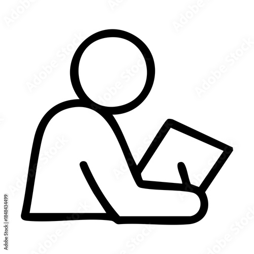 Outline of a person leaning over a notebook while writing or taking notes, engaged in a focused task. Related to education, professional work, creative writing, academic study, instructional materials