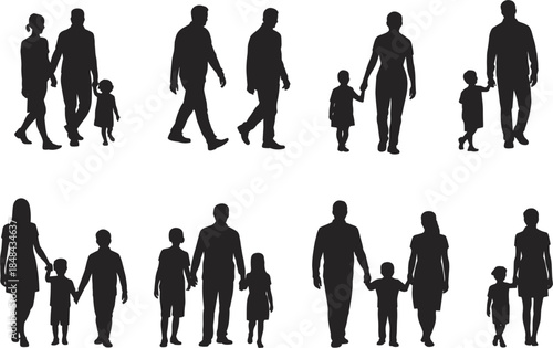Silhouettes of Families Walking Together Holding Hands on White Background Keywords: family, parents, children, walking, holding