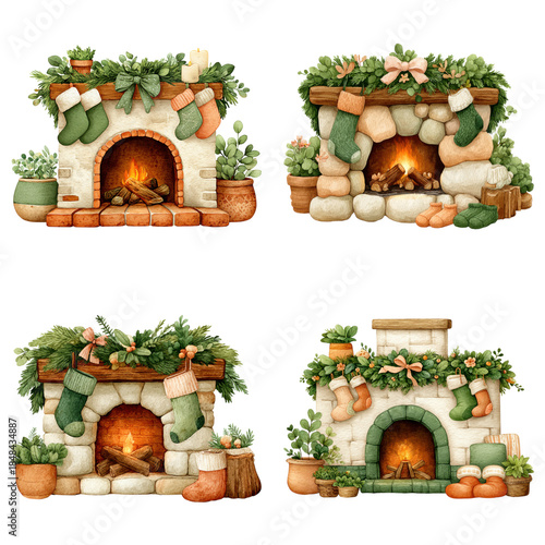 Cozy Christmas fireplaces adorned with stockings, greenery, and festive decorations, evoking warmth and holiday cheer