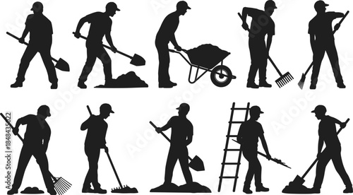 Silhouettes of men performing various gardening and construction tasks with tools worker gardener