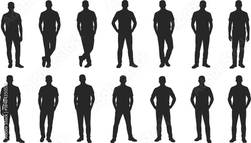 Silhouettes of men in different standing poses on a white background Keywords: silhouette, man, male, person, standing, pose