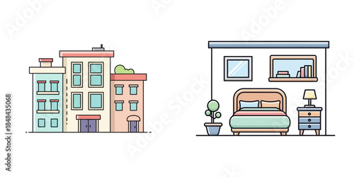 Colorful Apartment Building and Bedroom Interior.