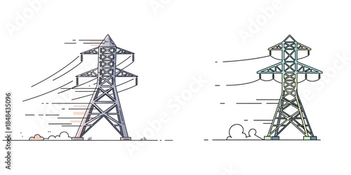 Electricity Pylons with Power Lines Illustration.