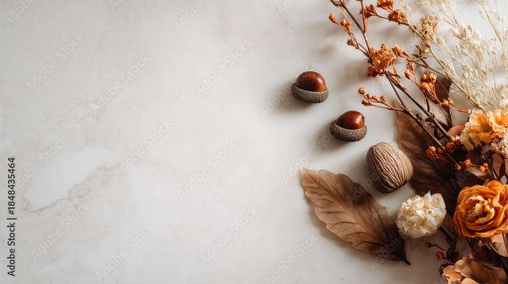 Obraz premium Minimal Thanksgiving holiday background, white surface, natural autumn elements, warm soft light 