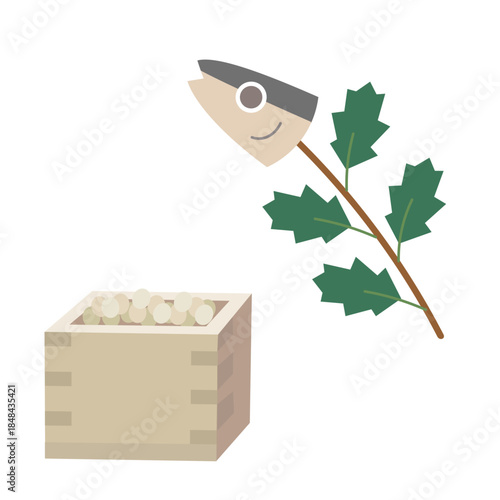 節分のイワシ飾りと豆のイラスト素材