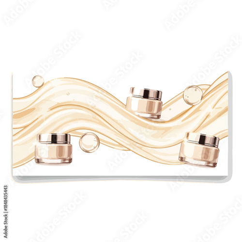 Skincare promo template featuring three gold jars with a wavy golden liquid design on a white background.