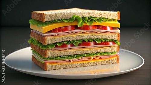 3D Infographic Concepts Stacked sandwich with layers of vegetables, cheese, and meats on a plate against a dark background.