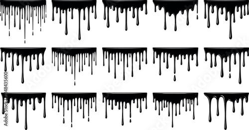 Black paint drip vector collection featuring liquid melting borders and ink droplets for creative border designs street art graffiti styles horror themes and industrial oil spill graphic design elemen