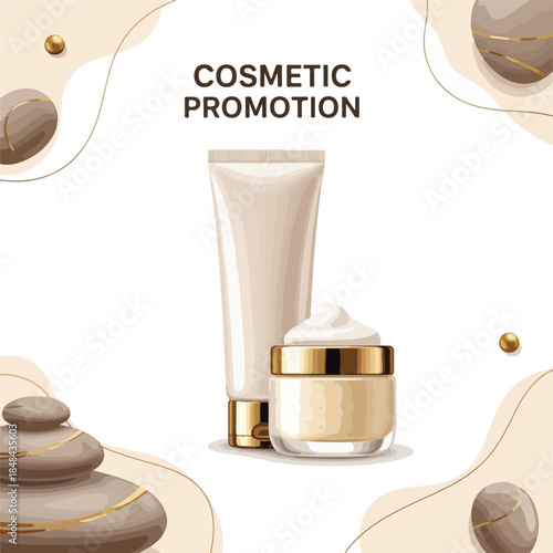 Skincare promo template featuring a tube and jar of cream with gold accents on a white background with abstract beige design.