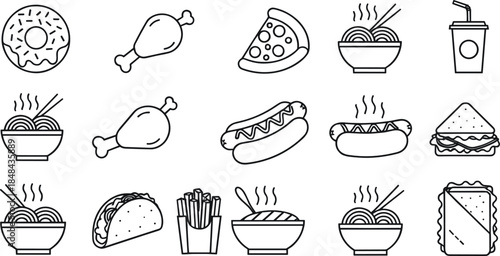 Fast Food Line Icons for Restaurant Menus, Delivery Apps, Takeaway Branding, and Modern Culinary Designs