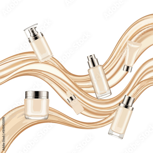 Skincare promo template with various foundation bottles and tubes in a flowing, wavy arrangement on a white background.