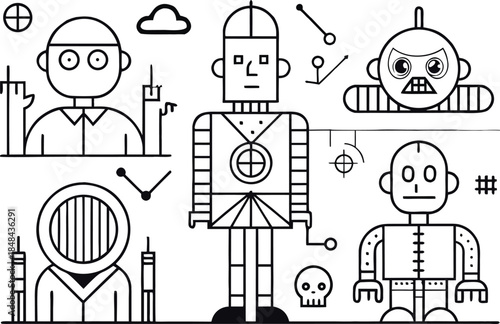Group of robots with different expressions and in black and white mechanical futuristic
