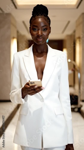 Elegant woman in a white suit walks through a luxury hotel corridor on her phone
