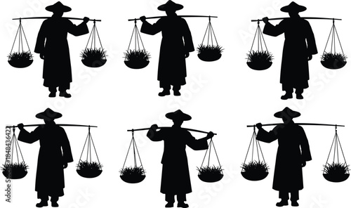 Set of six Asian porter silhouettes carrying baskets of plants or produce balanced on a shoulder pole, traditional labor work, vector illustration.