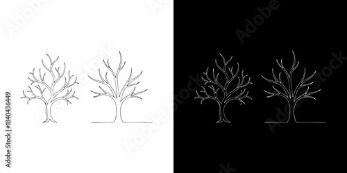 Minimalist outline of two bare trees, one in white and one in black, on contrasting backgrounds