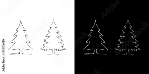 Simple minimalist line art drawing of two Christmas trees on white and black backgrounds