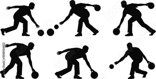 Set of six black silhouettes of male bowlers throwing the ball in various poses, isolated on white background for vector sports design.