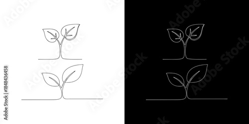 Minimalist continuous line drawing of a sprouting seedling on white and black backgrounds, symbolizing growth and new beginnings