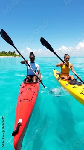 A woman paddles a red kayak through vibrant turquoise sea on a sunny day