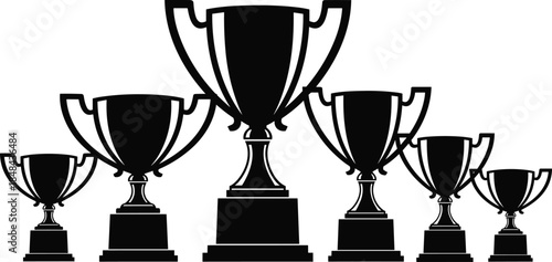 Set of six black trophy cup silhouettes arranged in a line of graduated size, symbolizing different ranks, victory, achievement, competition awards, and first place vector illustration.