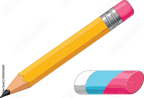 Pencil and Eraser School Supplies Icon Set, Clean Flat Vector Illustration for Education, Office Stationery, Learning Materials, and Back to School Design