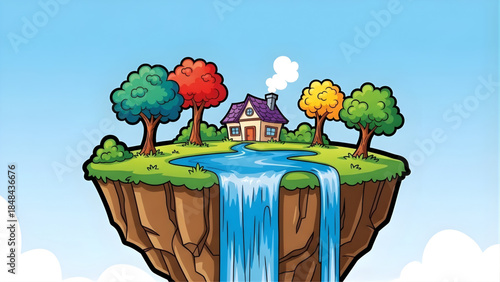 Whimsical cartoon illustration of a vibrant floating island featuring a charming house, colorful trees, and a cascading waterfall, creating an idyllic fantasy landscape