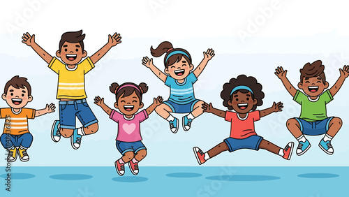 Diverse group of happy children jumping together in the air celebrating success