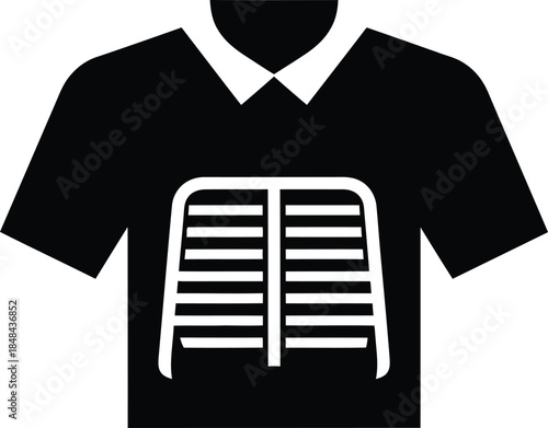 black polo shirt with white collar and chair design on front