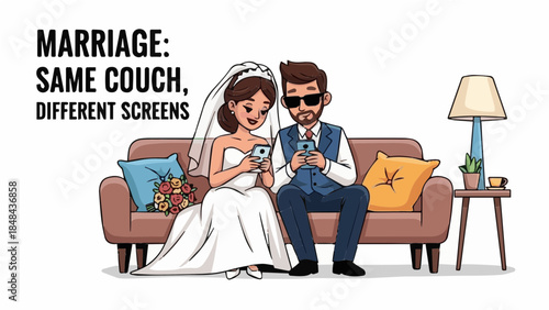 Modern marriage cartoon with bride and groom on smartphones avoiding eye contact on couch with funny quote