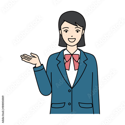 Smiling high school girl in blazer uniform presenting or guiding