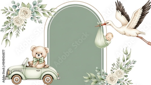 Sage Green Botanical Baby Shower Frame with Stork and Bear
