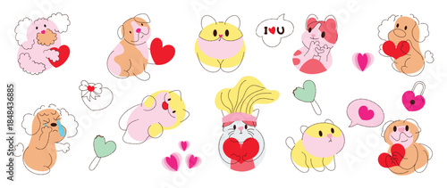 Valentine cute animal vector illustration set with dogs, cats, hamster and bunny holding heart shapes. Hand drawn sweet love design for greeting cards, stickers, posters and romantic decorations.