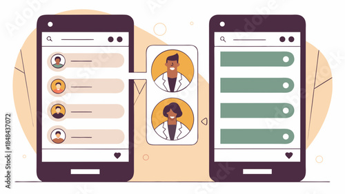 Two smartphones displaying doctor profiles and appointment slots on a light beige background design