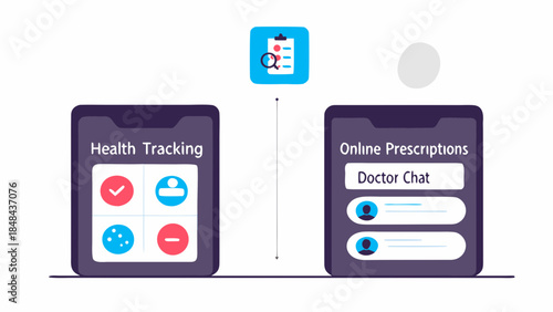 Illustration showing health tracking app and online prescriptions on mobile devices connected