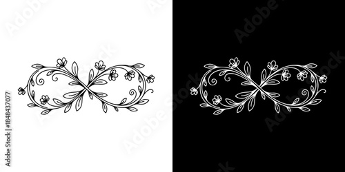 Elegant floral infinity symbol illustration in black and white, representing eternity and everlasting love