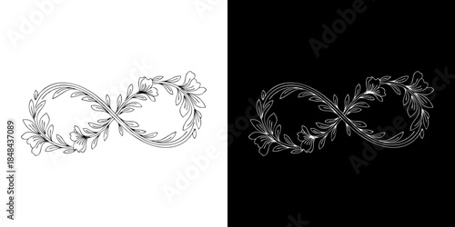 Ornate Infinity Symbol Design with Floral Accents on White and Black Backgrounds, Elegant Vector Illustration