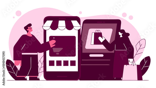 Illustration of two people interacting with online shopping interfaces on mobile devices showing store fronts