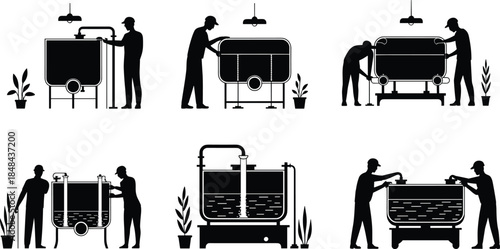 Industrial brewing process with fermentation tanks, workers monitoring equipment, indoor setup, pipes, gauges, valves, plants, and artisanal production workflow.
