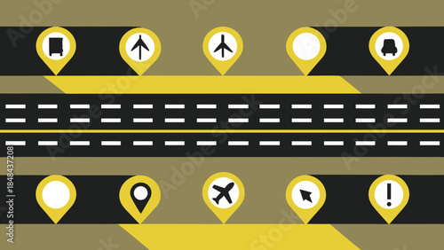 Road map with yellow pointers indicating various locations and directions on a dark surface design