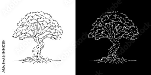 Elegant artistic illustration of a majestic tree with a twisted, gnarled trunk and sprawling roots, embodying strength, resilience, and natural beauty in a timeless design