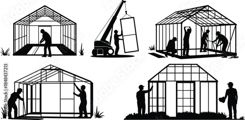 Six-panel silhouette illustration showing greenhouse construction stages with teamwork, equipment, structural assembly, inspection, and final completion in black-and-white style.