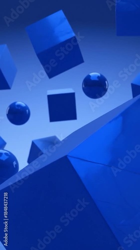 Blue geometric cubes and reflective spheres float against a graduated background