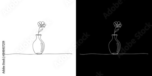 Minimalist continuous line art illustration featuring a delicate flower gracefully placed within a stylish vase, showcased in both light and dark contrasting graphic design styles