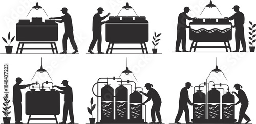 Six-panel illustration of hydroponic system setup showing teamwork, equipment installation, water monitoring, grow lights, and plant care in black silhouettes.