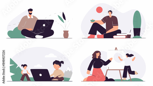 Diverse scenes of people working on laptops eating and painting in a flat vector illustration style